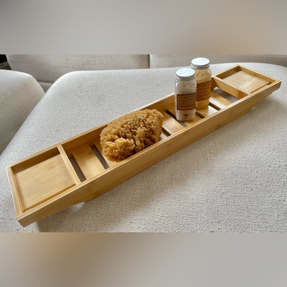 NATURAL BAMBOO BATH TRAY TUB TRAY WITH COMPARTMENTS - Picture 2 of 10
